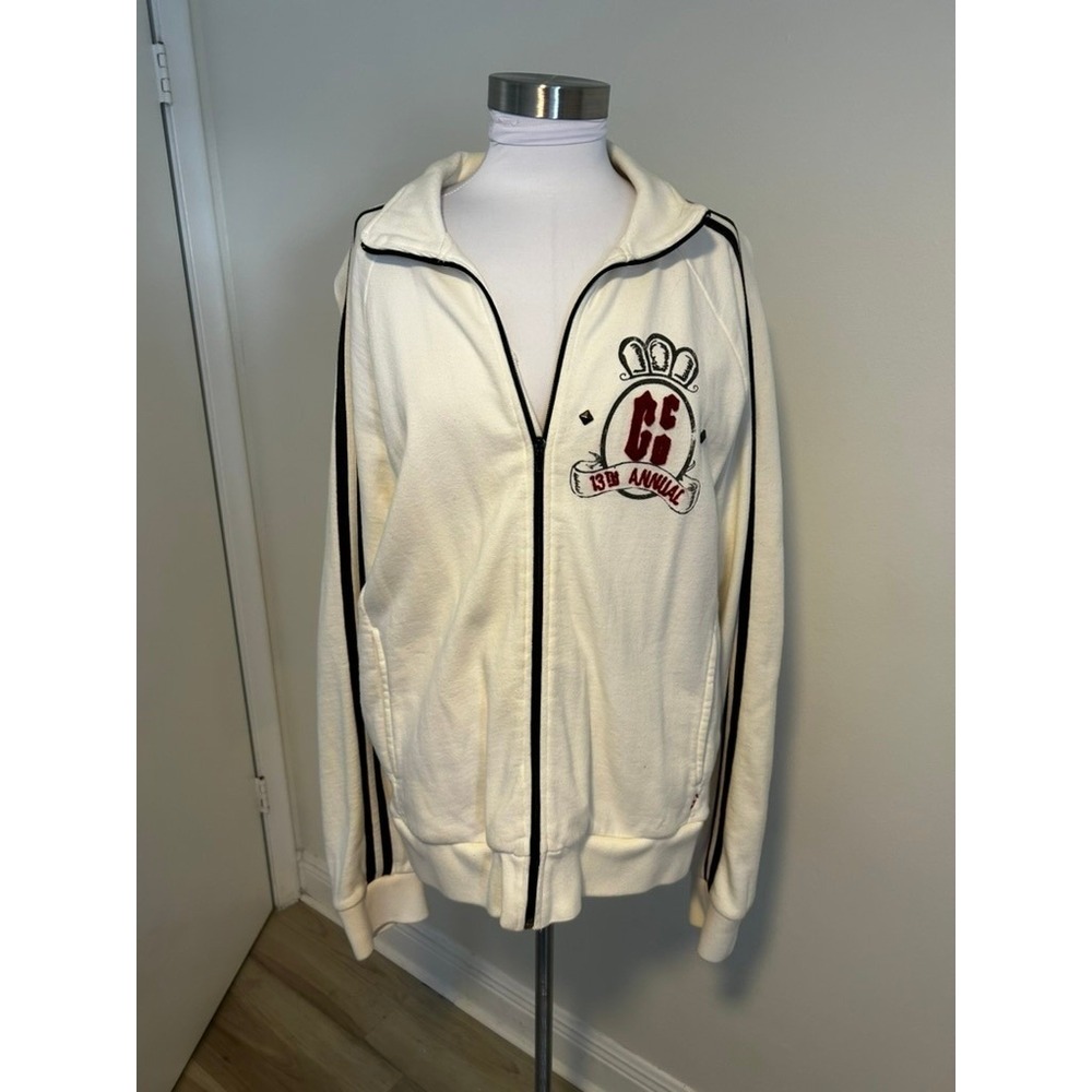 Vintage Guess Jeans Mens XL Cream Freedom Race Track Jacket Embroidered Full Zip